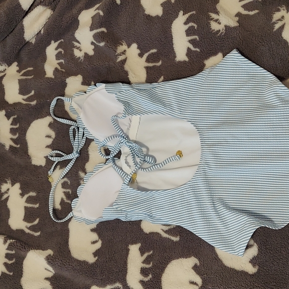 SOLD*NEW*Jessica Simpson 1pc swimsuit striped w scalloped bust - Picture 3 of 10